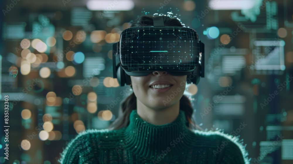 Smiling businesswoman in green sweater is wearing vr helmet. Digital interface in 3d glasses. Concept of future technology, interaction and entertainment playing game in virtual reality Smiling businesswoman in green sweater is wearing vr helmet. Digital interface in 3d glasses. Concept of future technology, interaction and entertainment playing game in virtual reality