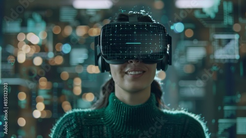 Smiling businesswoman in green sweater is wearing vr helmet. Digital interface in 3d glasses. Concept of future technology, interaction and entertainment playing game in virtual reality © pinkrabbit