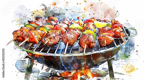 Vibrant watercolor illustration of a barbeque grill with skewered meat and vegetables, showcasing a summer cookout and outdoor grilling.
