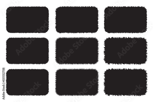 Set of torn paper pieces. Black grunge jagged rectangle frames. Vector torn paper sheet for sticker, collage, banner. Ripped shapes silhouettes isolated on white background.