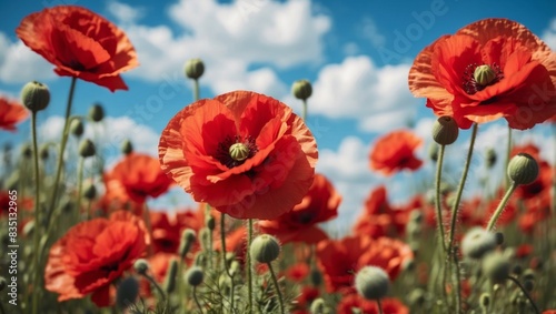 Beautiful red poppies with soft focus on a blue sky background with white clouds Background template summer spring border wallpaper Bright colorful artistic image.