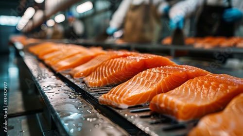 Row of freshly caught salmon being processed at a fish factory, highlighting the cleanliness and efficiency of the processing line. Perfect for seafood and food processing themes