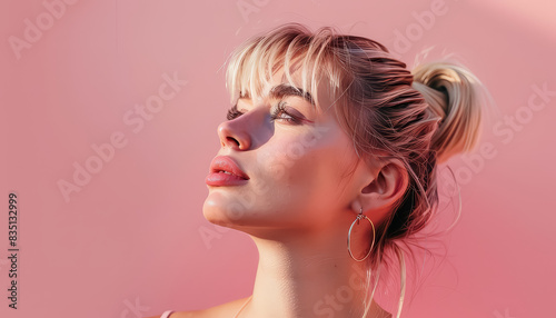 A woman with blonde hair and a pink background