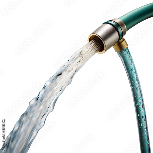 Water flows from a green garden hose with a metal nozzle in bright daylight, on a transparent background