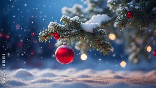 Beautiful winter Christmas scene nature panorama with snowdrifts and holiday lights Snow-covered spruce branch and red ball on background of blue evening sky, falling flakes snow. photo