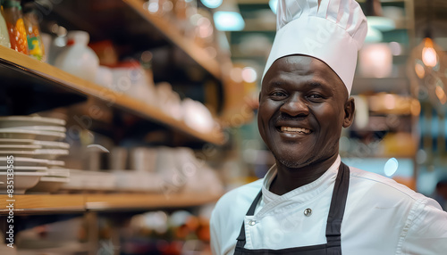 A smiling chef wearing a white hat and apron