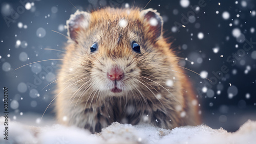 Adorable Hamster in Winter Snow with Scenic Background 