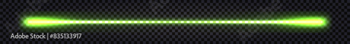 Neon glowing laser stick beam, green light glow effect. Dynamic luminous line with thunder bolt flash lightning, futuristic techno border. Vector isolated transparent on dark background