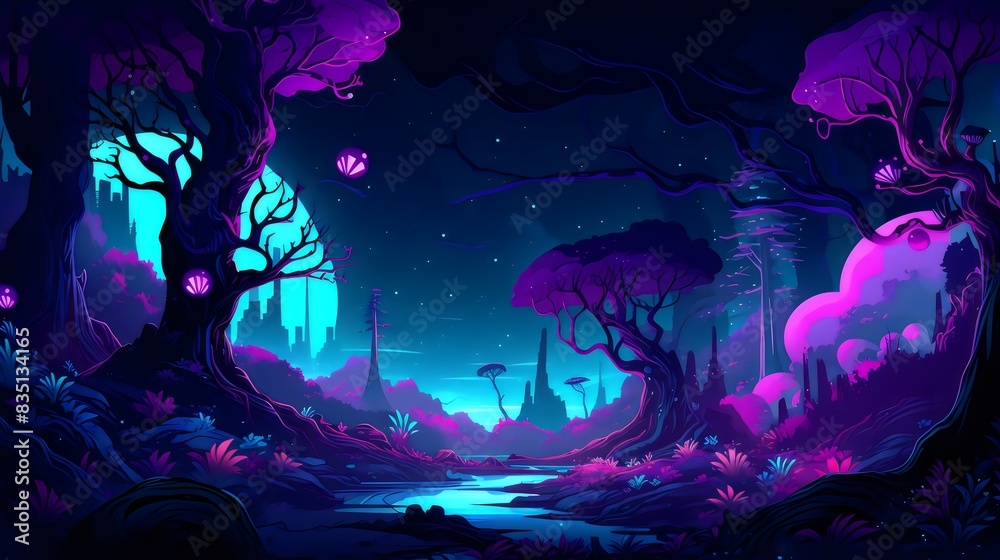 Mystical Alien Forest at Night with Glowing Plants Mystical Alien Forest at Night with Glowing Plants