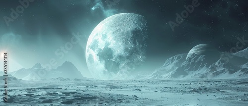 A large moon is in the sky above a barren landscape