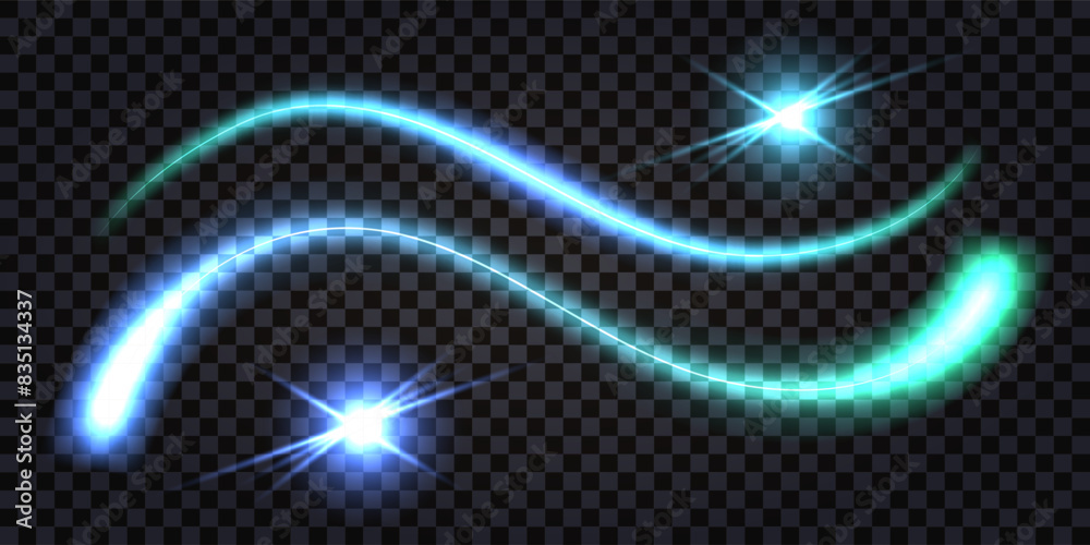 Neon wave swirl, light glowing effect, laser beams, flash thunder bolt, blue and teal wavy trails, dynamic curve lines. Vector isolated transparent Neon wave swirl, light glowing effect, laser beams, flash thunder bolt, blue and teal wavy trails, dynamic curve lines. Vector isolated transparent