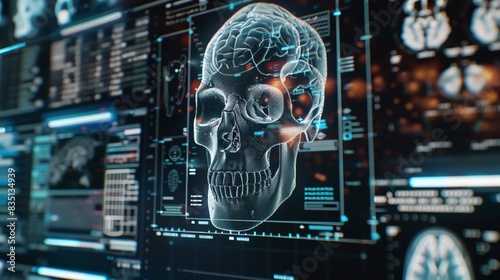 3D rendering of human anatomy, brain and skull hologram on a digital screen with a medical data visualization background photo
