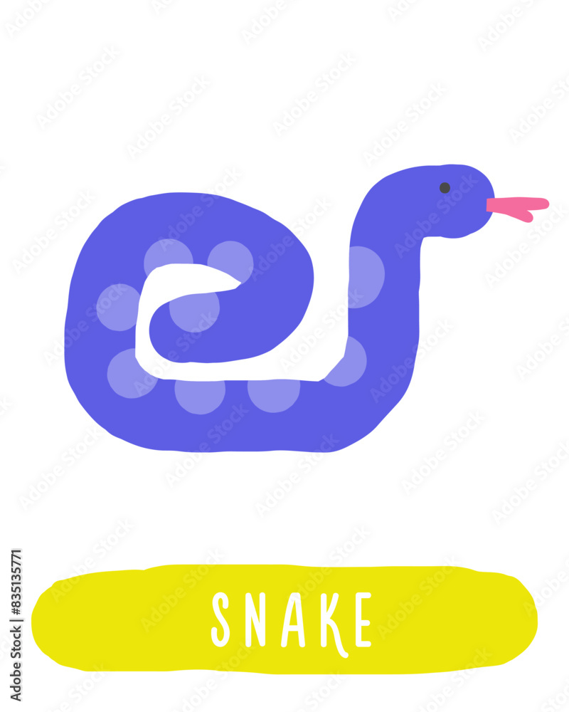 Learn jungle forest flashcard. Learning English words for kids. Cute hand drawn doodle educational card with snake, viper, reptile. Preschool rain forest, wild nature learning material Learn jungle forest flashcard. Learning English words for kids. Cute hand drawn doodle educational card with snake, viper, reptile. Preschool rain forest, wild nature learning material