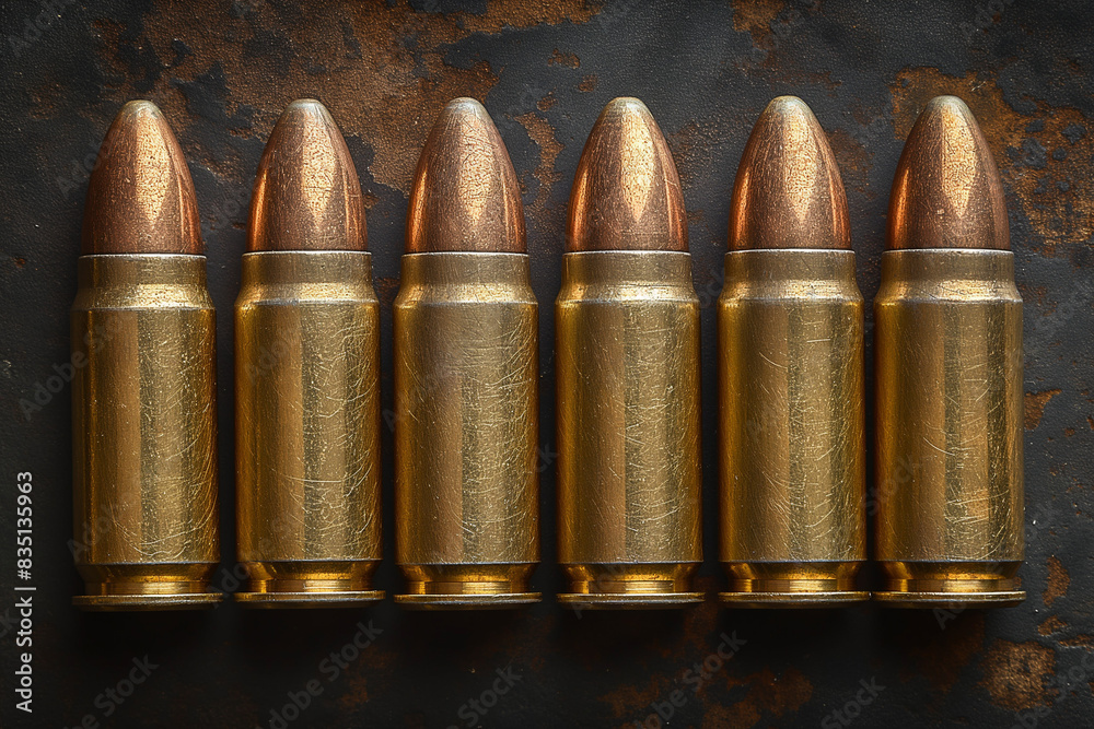 9mm bullets for a pistol and sub machine gun, close up 9mm bullets for a pistol and sub machine gun, close up