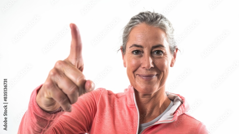 Middle-aged woman with grey hair tied back, smiling and giving a thumbs-up. She's wearing a coral pink zip-up hoodie. The background is plain white Middle-aged woman with grey hair tied back, smiling and giving a thumbs-up. She's wearing a coral pink zip-up hoodie. The background is plain white