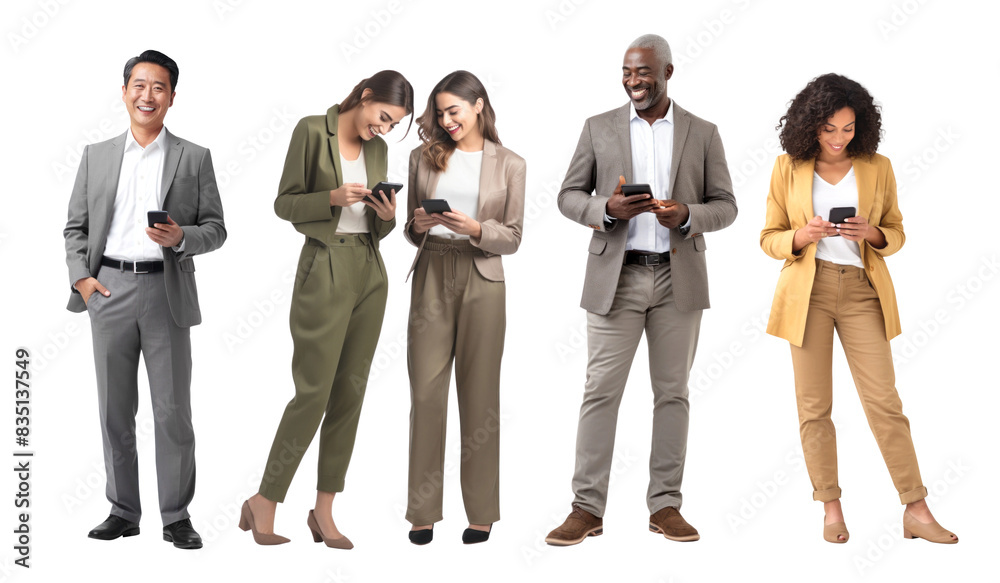 Obraz premium Business people using smartphone png element set on transparent background