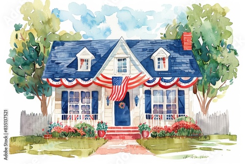 Beautiful watercolor illustration of a house decorated with American flag bunting, perfect for celebrating Independence Day and patriotic themes.