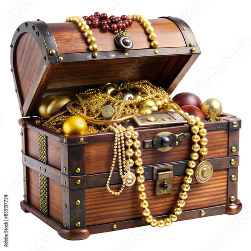 An open wooden treasure chest overflowing with gold coins, gems, and jewelry, evoking pirate treasure fantasies photo