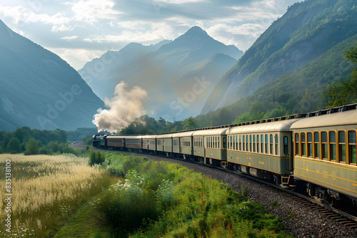 The Orient Express train speeds along the track on a sunny day with mountains in the background, evoking the nostalgia of luxury travel. photo