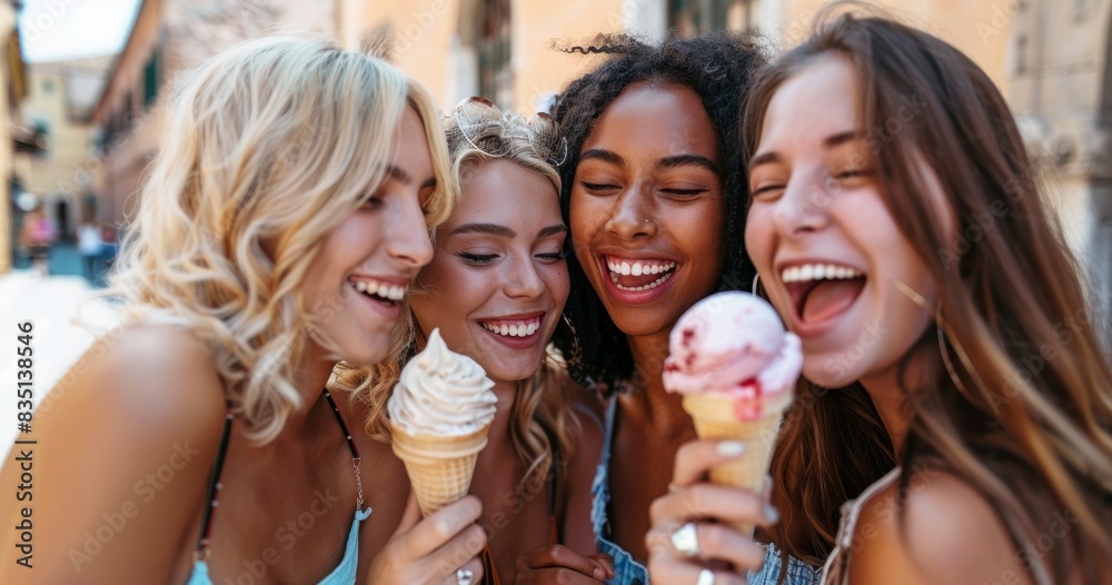 group of friends smiling and eating ice cream on the street group of friends smiling and eating ice cream on the street