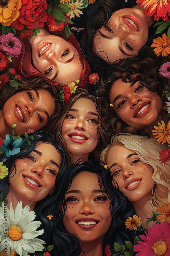 a group of smiling women of different races and body types, and flowers a group of smiling women of different races and body types, and flowers