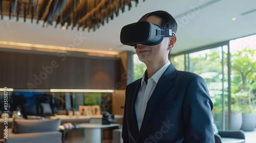 a Chinese entrepreneur using VR technology to showcase real estate properties in a sleek office © AI_images