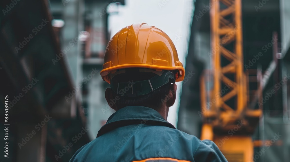 Builder wearing safety helmet at construction site Builder wearing safety helmet at construction site