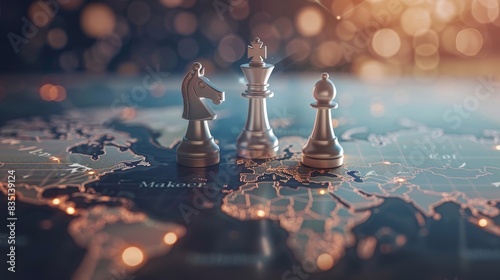 Geopolitics concept image with two chess pieces on a world map photo
