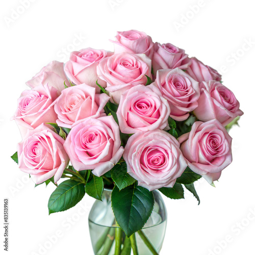 A bouquet of pink roses beautifully arranged in a clear glass vase with green leaves visible