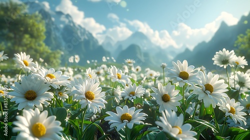 A tranquil meadow adorned with countless white daisies  stretching as far as the eye