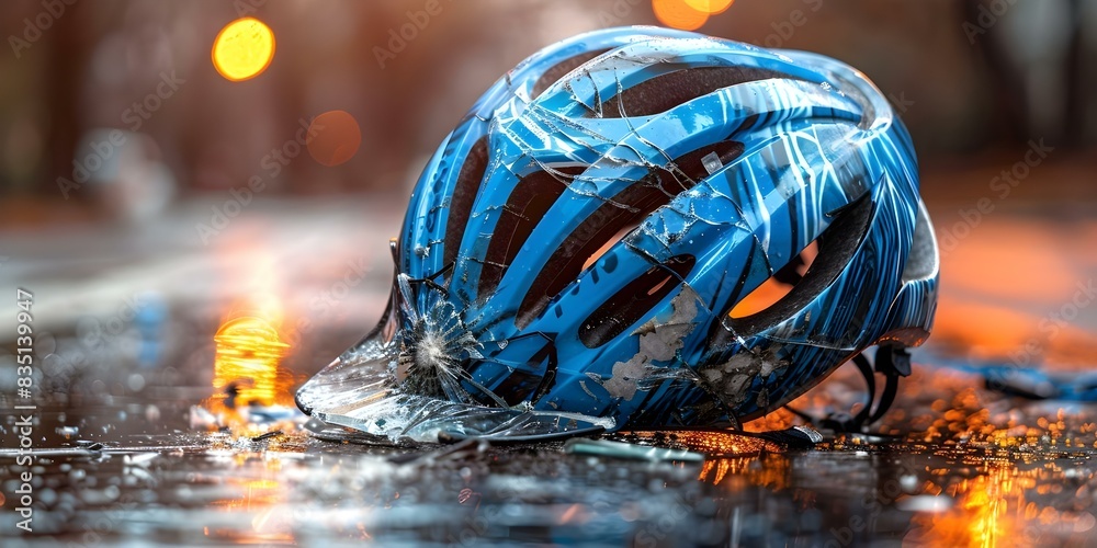 Bicycle accident broken helmet damaged bike road crash safety