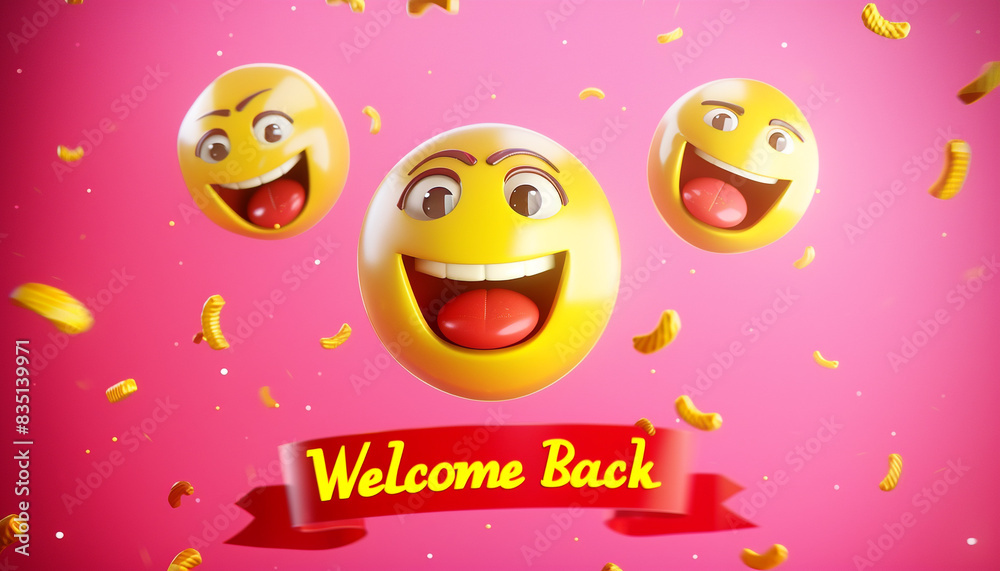 A bright candy pink background enhances a 3D luxury yellow emoji with open welcome back expressions. A red ribbon banner with A bright candy pink background enhances a 3D luxury yellow emoji with open welcome back expressions. A red ribbon banner with