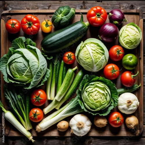 An assortment of fresh vegetables  including cabbages  tomatoes  zucchini  green onions  potatoes  garlic  and red onions  neatly arranged on a wooden surface.