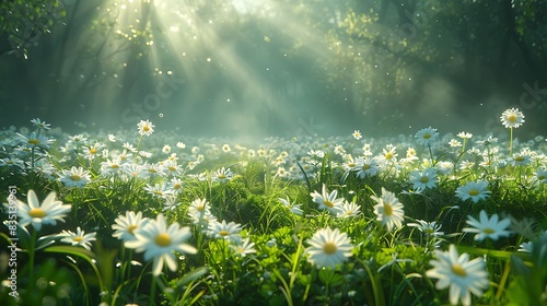  A tranquil meadow bathed in sunlight, with daisies scattered like pearls amidst the lush green grass, photo