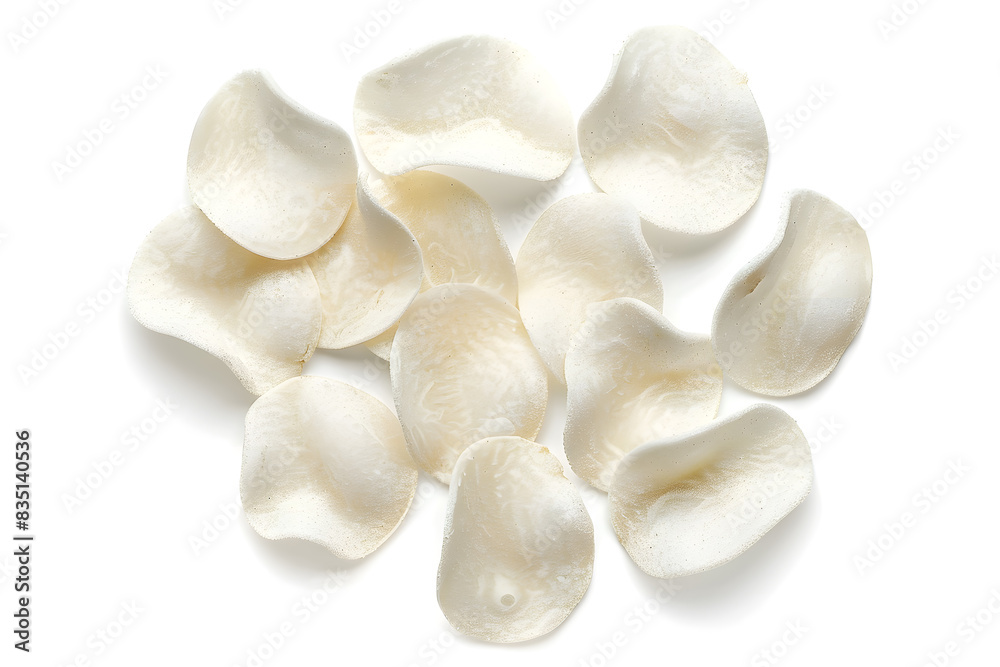 White rice chips top view isolated on white background White rice chips top view isolated on white background