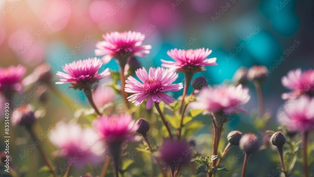 Wild flowers in field in nature in summer spring in sunlight with beautiful round bokeh with a soft focus and toned in purple pink and turquoise hues close-up Floral background, copy space.