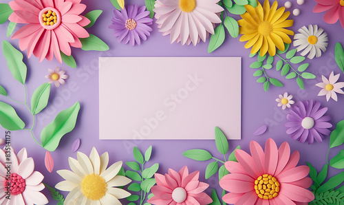 3d rendering, A card with an empty white square in the center surrounded by purple, pink and yellow paper cut flowers and green leaves on a purple background