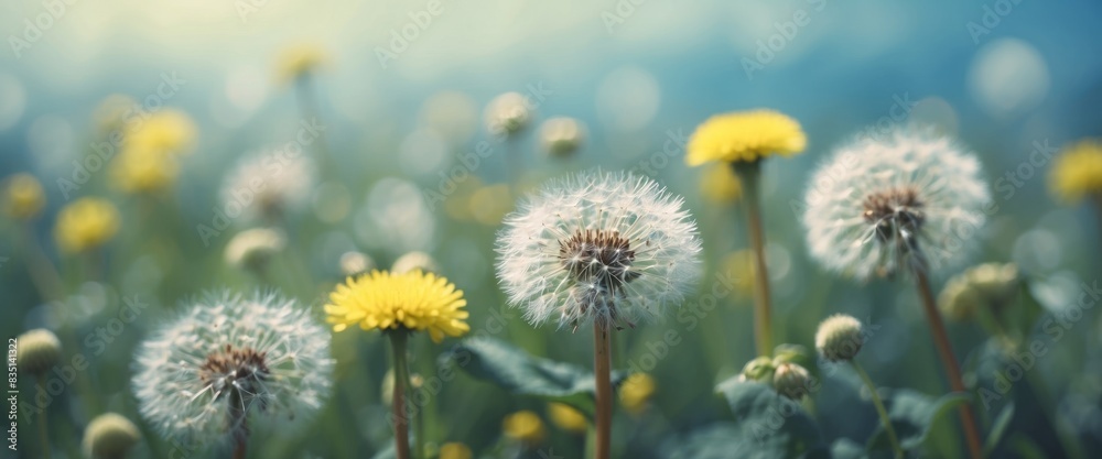 Light summer spring pastel nature background with lots of dandelions in a pastel blue meadow with soft selective focus. Light summer spring pastel nature background with lots of dandelions in a pastel blue meadow with soft selective focus.