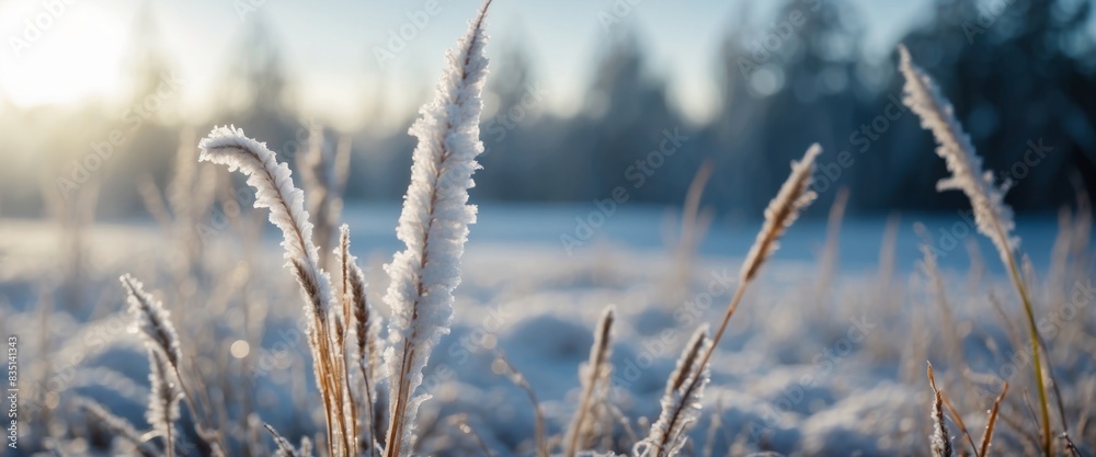 Beautiful Christmas winter image of nature Grass stem in the morning light in snowdrift are covered with crystals frost hoarfrost outdoors, macro Background winter snowy texture, copy space. Beautiful Christmas winter image of nature Grass stem in the morning light in snowdrift are covered with crystals frost hoarfrost outdoors, macro Background winter snowy texture, copy space.