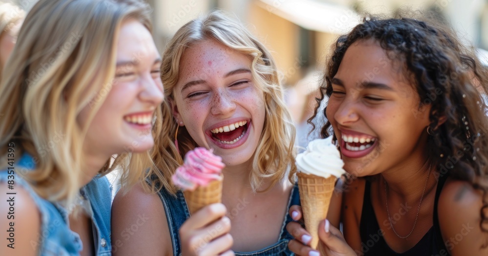 group of friends smiling while eating ice cream during the day group of friends smiling while eating ice cream during the day