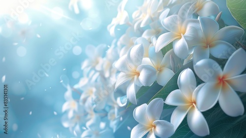 White frangipani blossoms with sweet fragrance flourishing during the summer photo