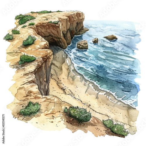 cliff beach vector illustration in watercolor style