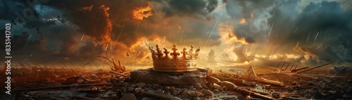 A golden crown resting on a cracked ancient stone pedestal surrounded by scattered broken weapons and pieces of armor with a stormy sky in the background photo