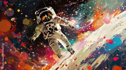 An astronaut is depicted in a colorful bubble galaxy on a different planet in this beautiful painting. Generative AI. Pop art concept