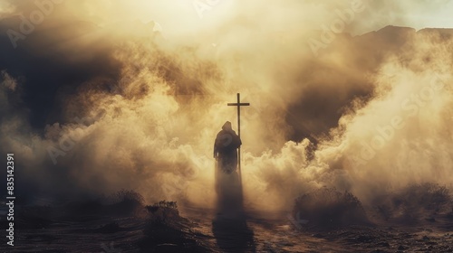 Serene silhouette of a man with a cross standing in a sunlit desert,surrounded by swirling smoke and dust,creating a striking spiritual and religious imagery. The scene evokes a sense of solitude.