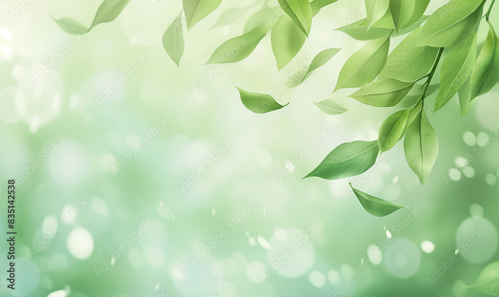 A soft, pastel green background with delicate leaves floating in the air, creating an atmosphere of tranquility and nature-inspired elegance for product packaging A soft, pastel green background with delicate leaves floating in the air, creating an atmosphere of tranquility and nature-inspired elegance for product packaging