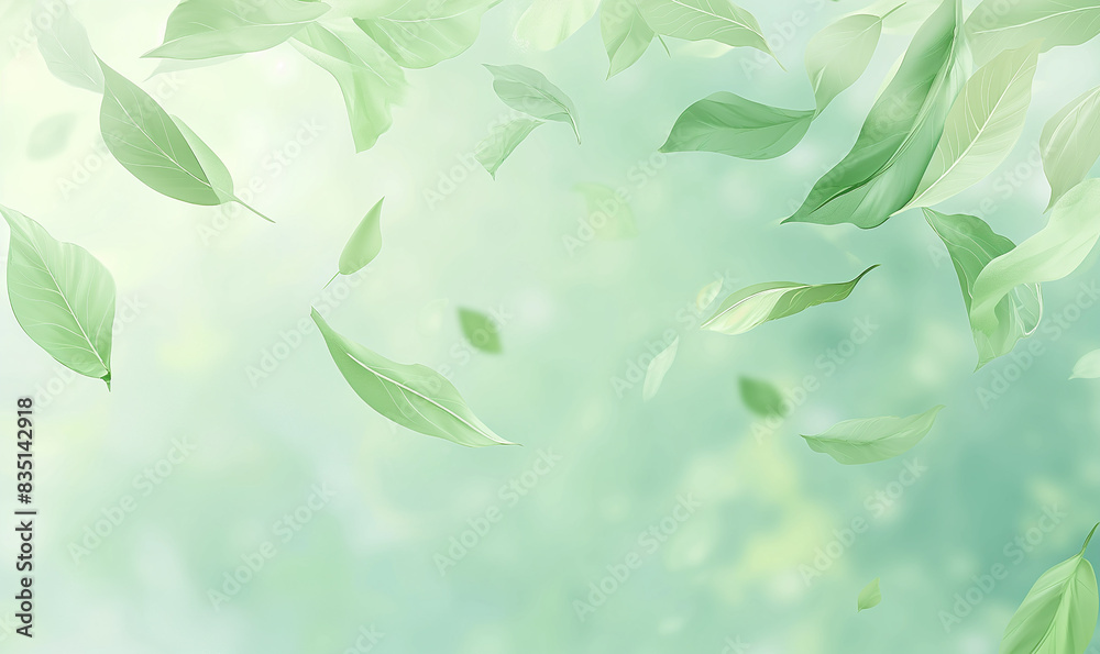 A soft, pastel green background with delicate leaves floating in the air, creating an atmosphere of tranquility and nature-inspired elegance for product packaging A soft, pastel green background with delicate leaves floating in the air, creating an atmosphere of tranquility and nature-inspired elegance for product packaging