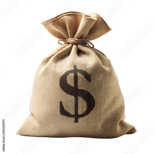 A neatly tied burlap sack with a dollar sign, placed against a transparent background, perfect for financial or savings concepts photo