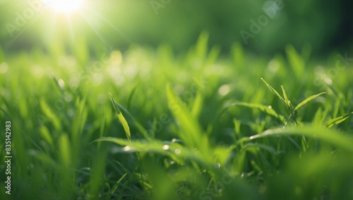 Natural green defocused background with sunshine Juicy young grass and foliage, copy space. photo