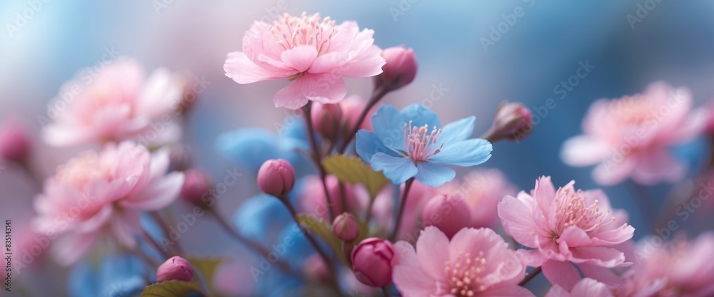 Blurred exquisite spring natural floral background in blue and pink pastel colors Delicate pink spring flowers.